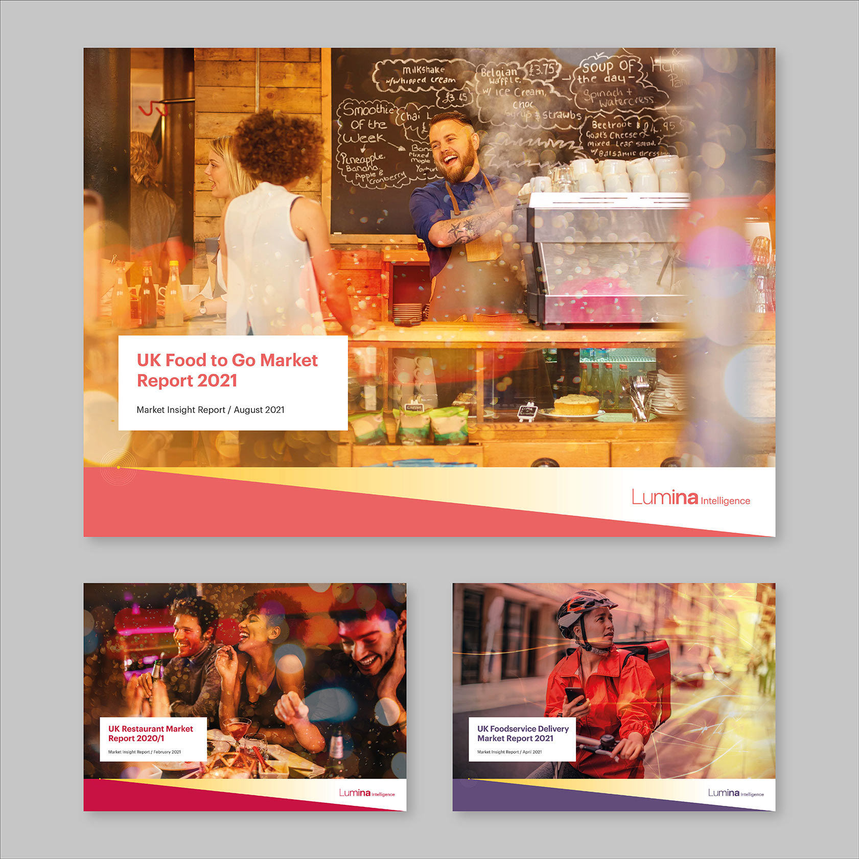 Branded insight report templates featuring images treated with warm, ambient lighting effects
