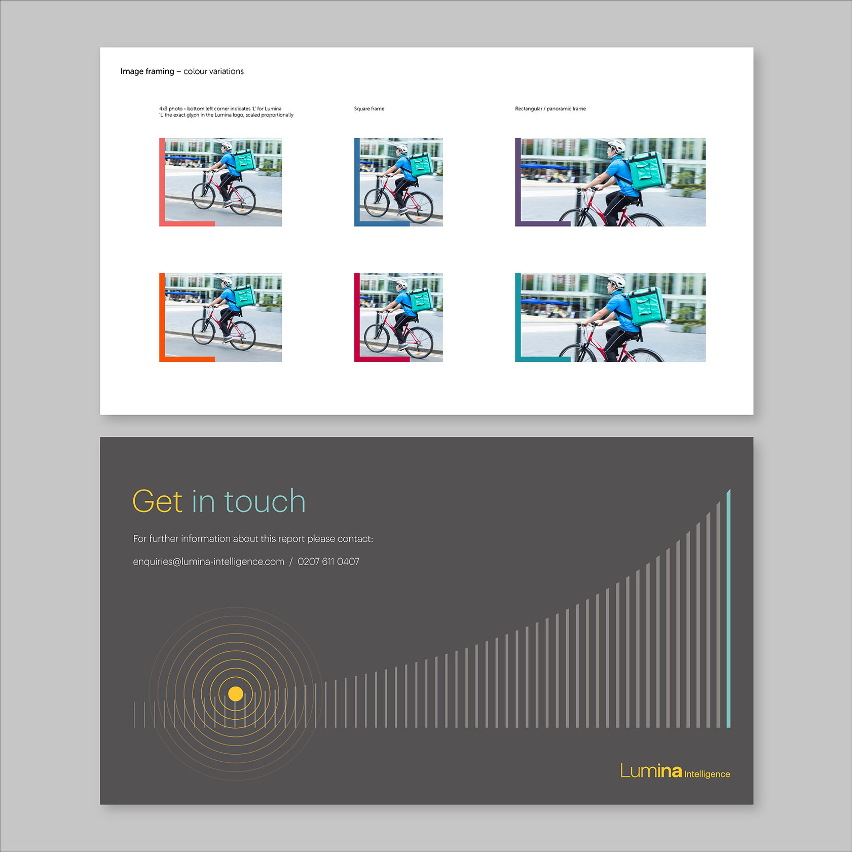 Sample brand guidelines on image framing, plus a report end slide template.